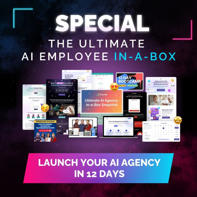 Banner showing "The Ultimate AI Employee In-A-Box - Launch Your AI Agency in 12 Days"